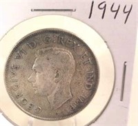 1944 Georgivs VI Canadian Silver Half Dollar