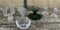 Box of pretty glass vases, candlesticks, bowl
