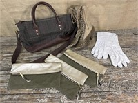 Purse, Victorian boots, clutches leather gloves