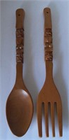 Mid Century Teak Wood Carved Tiki Spoon & Fork