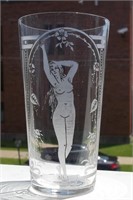 Art Deco Acid Etched Nude Drinking Glass 4" tall