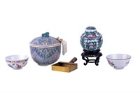 Asian Famille Rose, Lidded Bowl, Brass