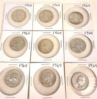 9 - 1964 Washington Silver Quarters