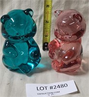 2 COLORED ART GLASS BEAR PAPER WEIGHTS