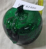 GREEN CRACKLE GLASS APPLE PAPER WEIGHT