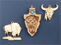 CARVED WOOD BISON BUFFALO PENDANTS VINTAGE ANTIQUE