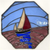 Signed Stained Glass Sailboat Window Pane