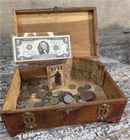 Wooden box of foreign currency, $5 military