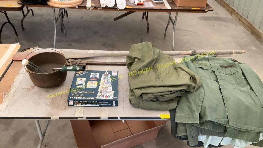 Military clothes,pipe wrench, puzzle, CI pan