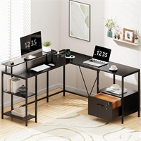 Huuger L Desk with Outlets & LED  Black