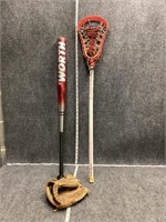 Lacrosse Stick, Softball Bat and Glove