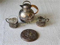 vtg silver lot bernard rice teapot, silver cups++