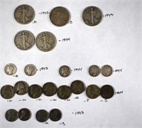 22 WWII US Coins- 50 Cent,  Dimes, Nickels & Penny
