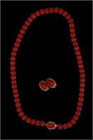 Red Beaded Necklace & Clip On Earrings