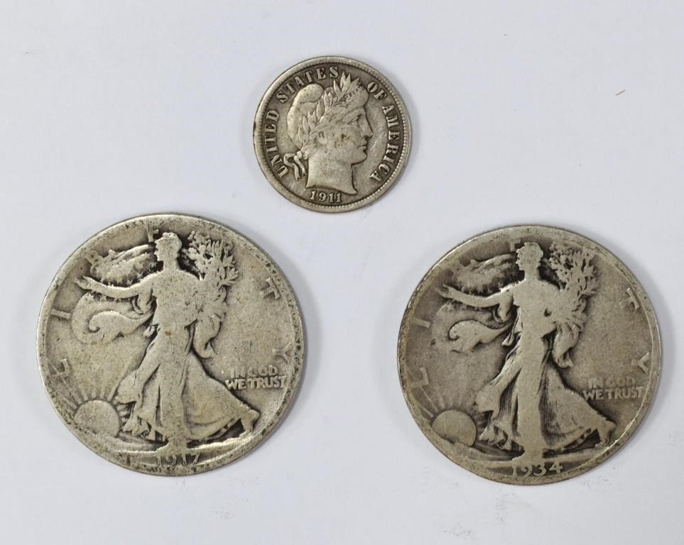 1917 & 1934 Walking Liberty Half Dollar/1911 Dime