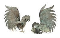 PAIR BRASS FIGHTING ROOSTERS