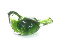Green Art Glass Bird Paperweight 4.5"W