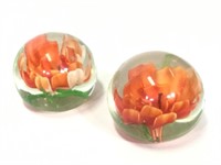 2 Orange Flower Art Glass Paperweights