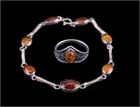 Sterling Silver Amber Necklace & Ring Set