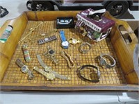 WOODEN TRAY FULL OF COSTUME JEWELRY & WATCHES