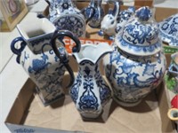 COLL OF BLUE WILLOW VASES & PITCHERS