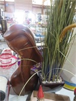 CARVED WOOD WOMAN STATUE & PLANT