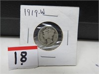 90 %  Silver  1919  Mercury Dime