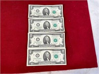 4 $2.00 BILLS CONSECITIVE SERIAL NUMBERS