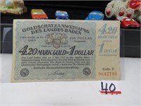4.2 Mark Gold  1 Dollar 1923 REICHSBANK NOTE