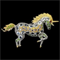 Natural Aquamarine Chrome Diopside Unicorn Brooch