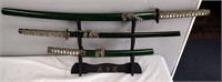 Vintage Set 3 Green Hdnl SAMURAI Swords on Holder
