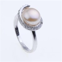 Pearl & Zircon Swirl Ring - Size 7.5