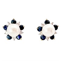 Pearl Diamond & Sapphire Stud Earrings 14k Gold