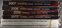 2007-2010, 2013-2014 US PRES $1 COIN PROOF SETS
