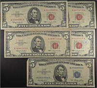 (1) 1953 $5 SILV CERT & (4) 1963 $5 RED SEAL NOTES