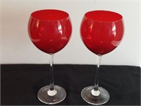 2pc Lenox Crimson Ruby On Clear Wine Stem Glasses