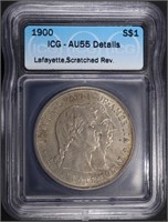 1900 SILVER LAFAYETTE COMM COIN ICG AU 55 DETAILS