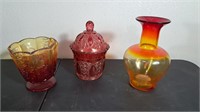 Red Cut Glass Candy Jar & more lot