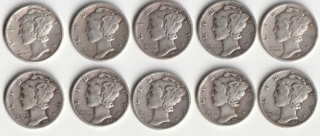 10 90% Silver Mercury Dimes