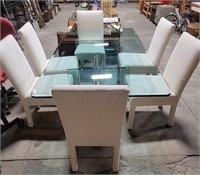 GLASS DINING TABLE W/ 6 WHITE UPHOLSTERED CHAIRS