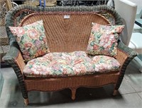 WICKER BENCH W/ CUSHIONS & PILLOWS