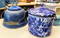 Vintage Blue Enamelware Pots, Bowls, Cup & Teapot