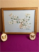 Framed Cross Stitch Floral + Butterfly Art