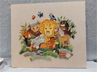 Vtg Lion Crewel Embroidered Animal Canvas