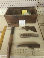 Vintage axe and chisel heads, Wood box.