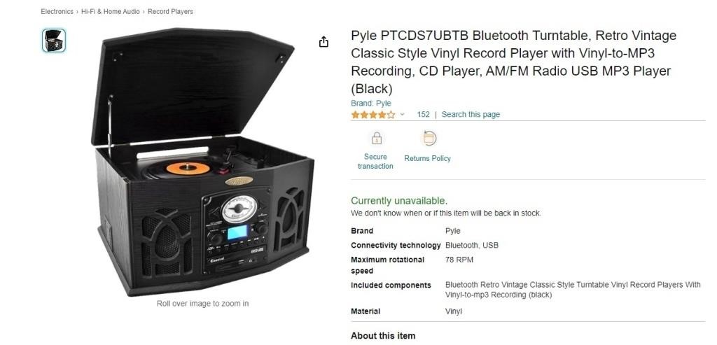 B6509  Bluetooth Turntable, Retro Vintage