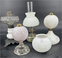 4 Antique Unique Oil Lamps & 1 Globe 2 Lamps Made