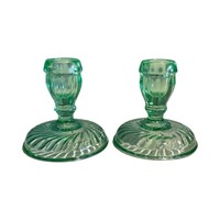 Depression Glass Candle Stick Holders Green