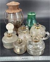 8 Antique Oil Lamps Bases, RR Lantern & RR