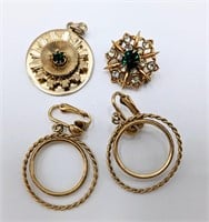 Gold & Green Rhinestone Jewelry & Avon Earrings